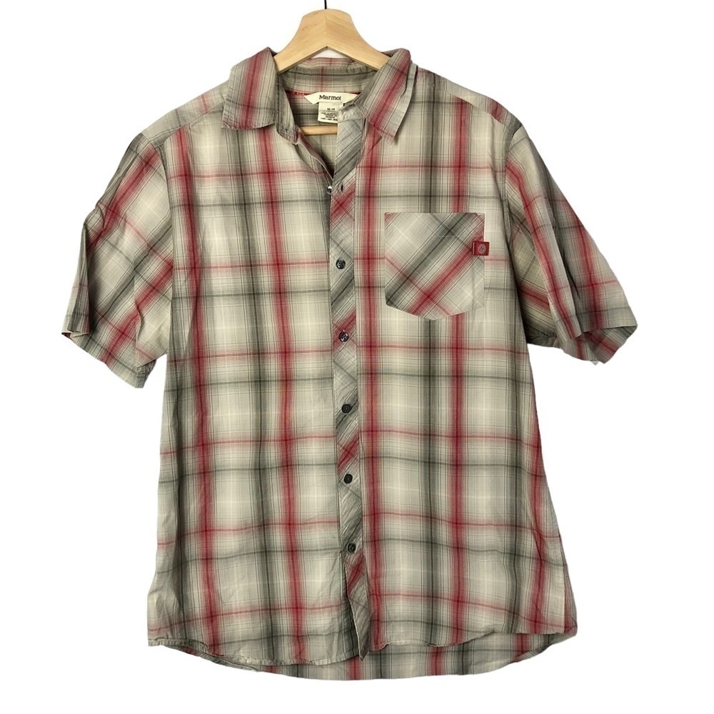 Marmot Beige‎ & Red Plaid Short Sleeve Button Down M